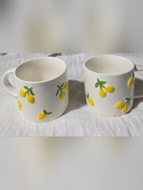 Ceramic Lemon Accent Mug Pair - White and Yellow